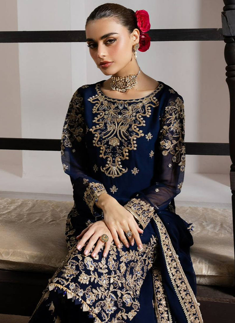 Navy Blue Silk Embroidery Work Eid Wear Readymade Plazzo Suit SW366175