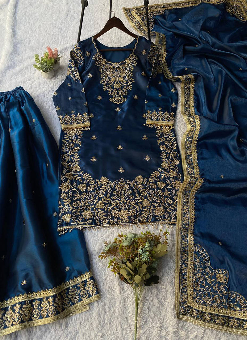 Navy Blue Silk Embroidery Work Eid Wear Readymade Plazzo Suit SW366175