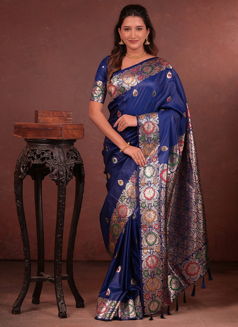 Silk Navy Blue Saree with Border Work for Wedding Wear 380891