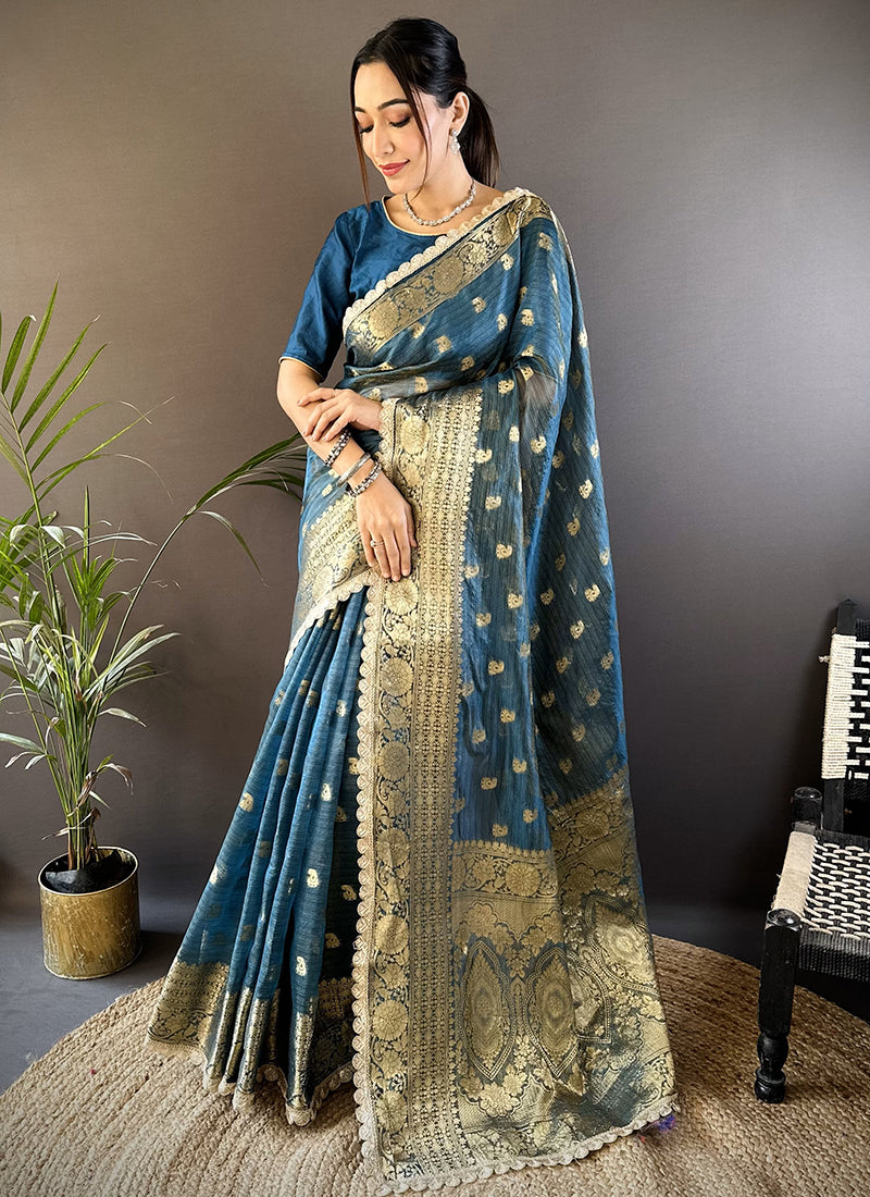 Tissue Silk Navy Blue Saree with Border Work for Wedding Wear 381062