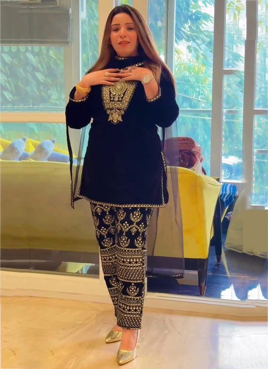 Velvet Navy Blue Occasional Wear Embroidery Work Readymade Salwar Suit 387195