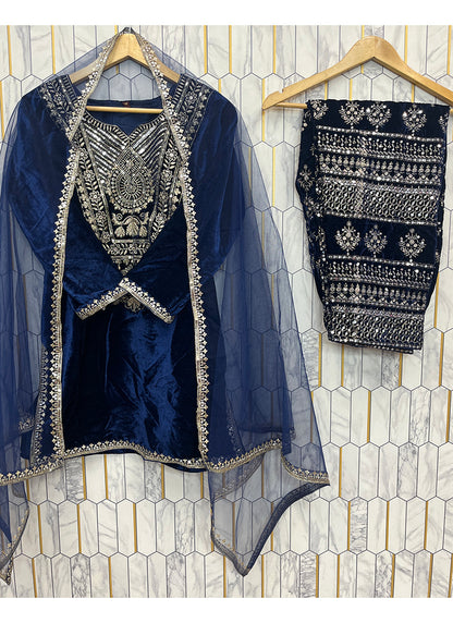 Velvet Navy Blue Occasional Wear Embroidery Work Readymade Salwar Suit 387195