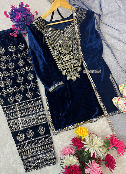 Velvet Navy Blue Occasional Wear Embroidery Work Readymade Salwar Suit 387195