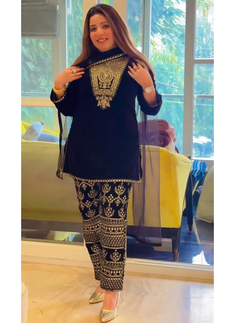 Velvet Navy Blue Occasional Wear Embroidery Work Readymade Salwar Suit 387195