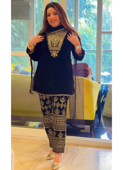 Velvet Navy Blue Occasional Wear Embroidery Work Readymade Salwar Suit 387195