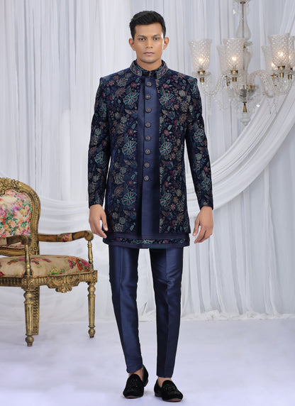 Velvet Silk Navy Blue Wedding Wear Computer Thread Work Readymade Indo Western Sherwani 386027