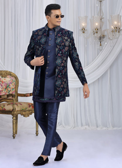 Velvet Silk Navy Blue Wedding Wear Computer Thread Work Readymade Indo Western Sherwani 386027