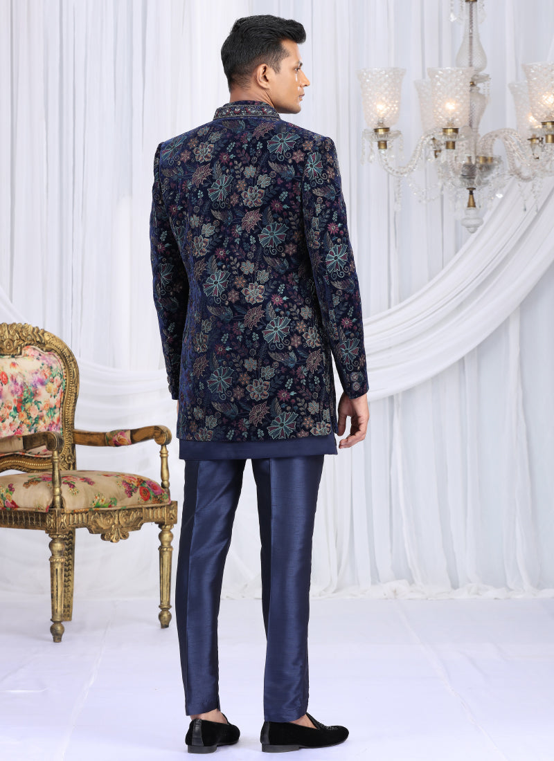 Velvet Silk Navy Blue Wedding Wear Computer Thread Work Readymade Indo Western Sherwani 386027