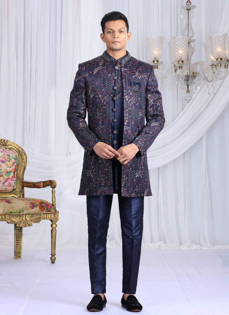 Velvet Silk Navy Blue Wedding Wear Computer Thread Work Readymade Indo Western Sherwani 386029