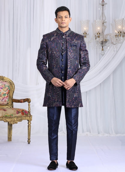 Velvet Silk Navy Blue Wedding Wear Computer Thread Work Readymade Indo Western Sherwani 386029