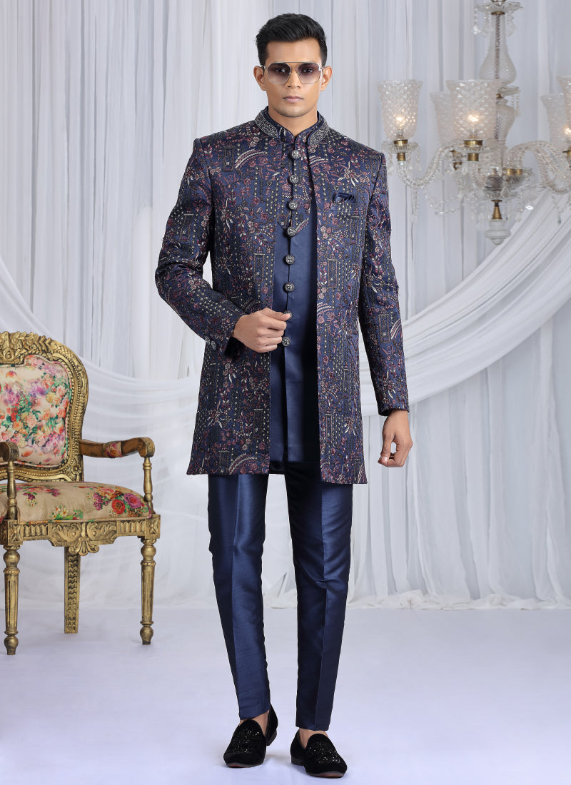 Velvet Silk Navy Blue Wedding Wear Computer Thread Work Readymade Indo Western Sherwani 386029