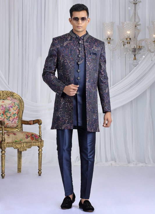 Velvet Silk Navy Blue Wedding Wear Computer Thread Work Readymade Indo Western Sherwani 386029