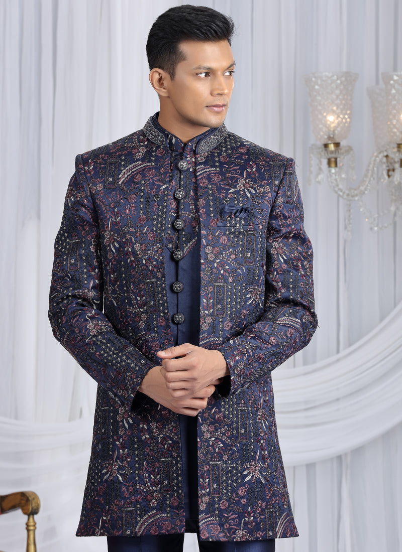 Velvet Silk Navy Blue Wedding Wear Computer Thread Work Readymade Indo Western Sherwani 386029