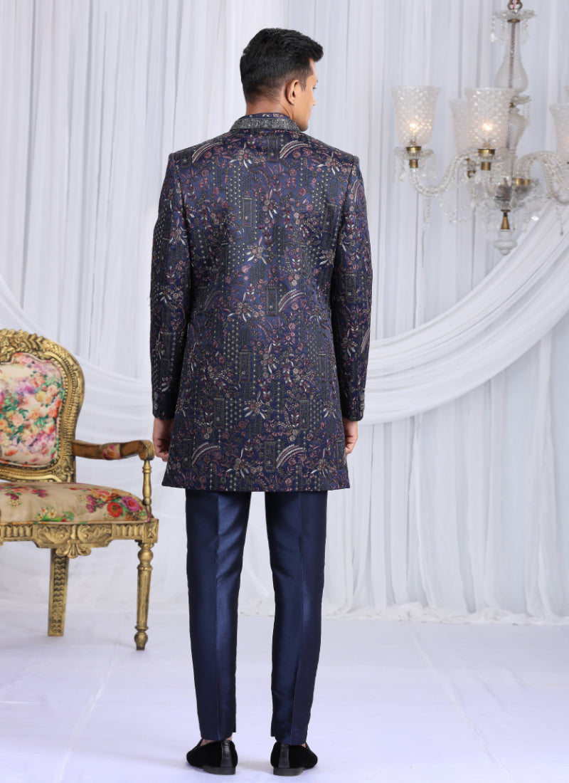 Velvet Silk Navy Blue Wedding Wear Computer Thread Work Readymade Indo Western Sherwani 386029