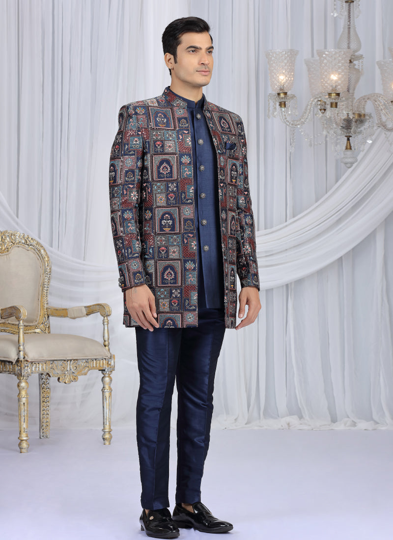 Velvet Silk Navy Blue Wedding Wear Computer Thread Work Readymade Indo Western Sherwani 386033