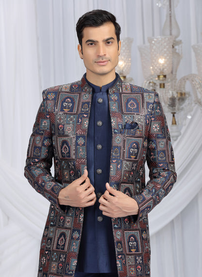 Velvet Silk Navy Blue Wedding Wear Computer Thread Work Readymade Indo Western Sherwani 386033