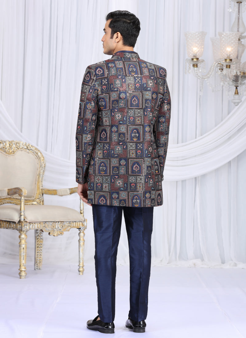 Velvet Silk Navy Blue Wedding Wear Computer Thread Work Readymade Indo Western Sherwani 386033