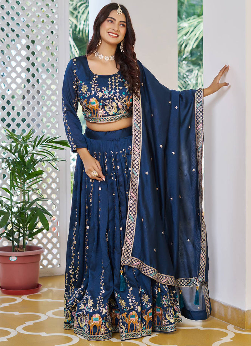 Vichitra Navy Blue Festival Wear Zari Embroidery Work Readymade Lehenga Choli 388469