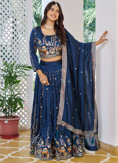 Vichitra Navy Blue Festival Wear Zari Embroidery Work Readymade Lehenga Choli 388469