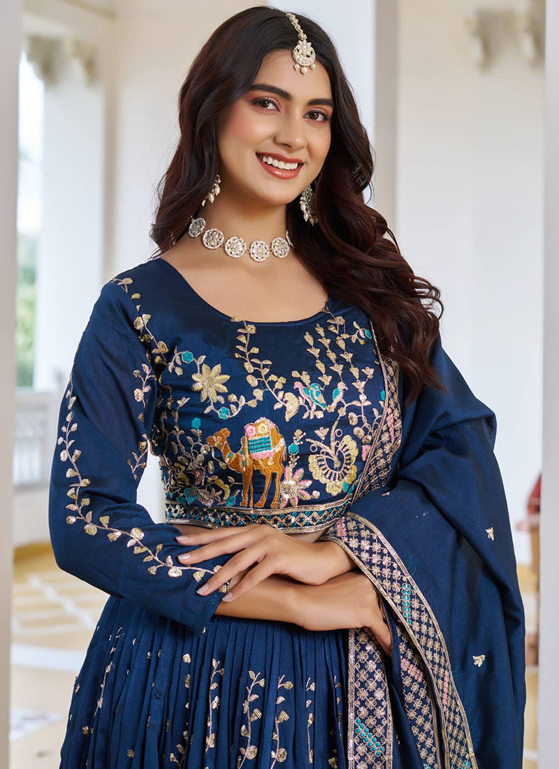 Vichitra Navy Blue Festival Wear Zari Embroidery Work Readymade Lehenga Choli 388469