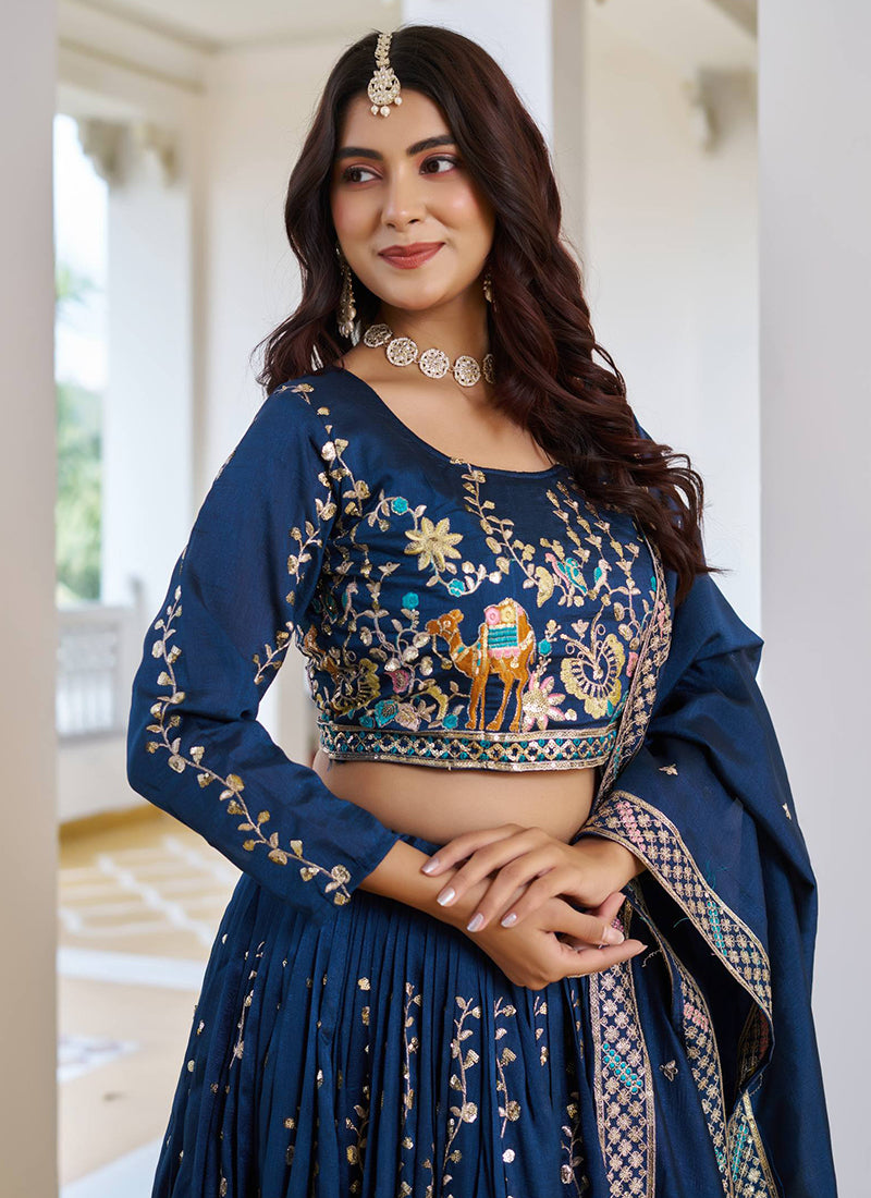 Vichitra Navy Blue Festival Wear Zari Embroidery Work Readymade Lehenga Choli 388469