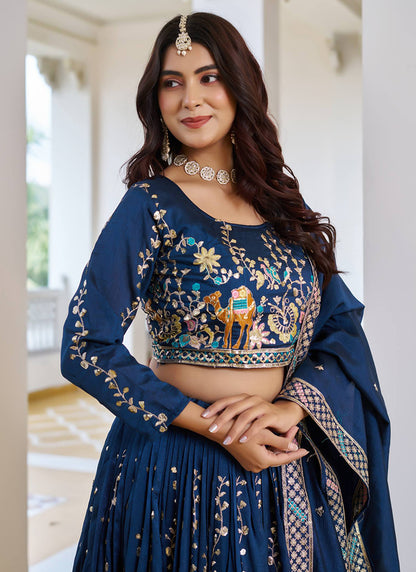 Vichitra Navy Blue Festival Wear Zari Embroidery Work Readymade Lehenga Choli 388469