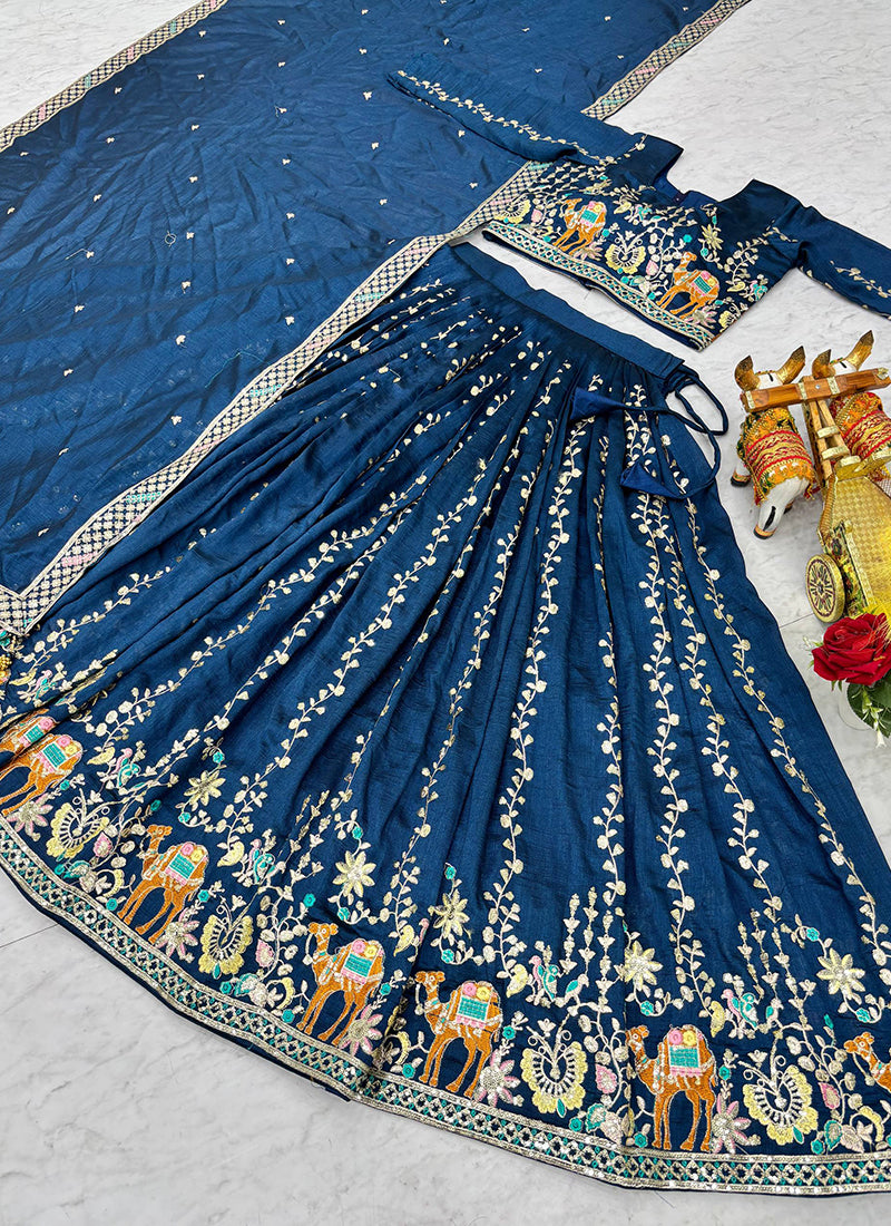 Vichitra Navy Blue Festival Wear Zari Embroidery Work Readymade Lehenga Choli 388469