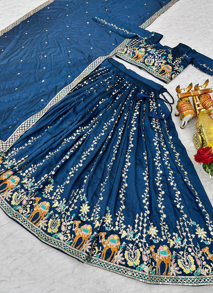 Vichitra Navy Blue Festival Wear Zari Embroidery Work Readymade Lehenga Choli 388469