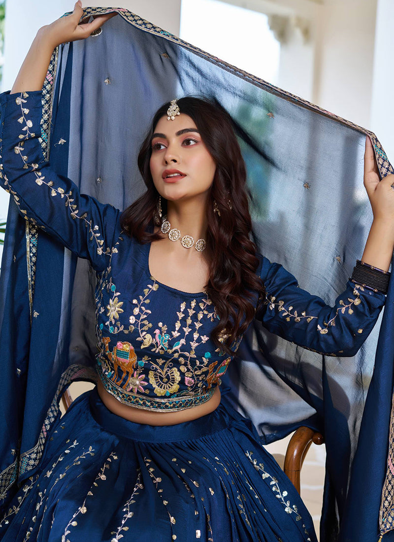 Vichitra Navy Blue Festival Wear Zari Embroidery Work Readymade Lehenga Choli 388469