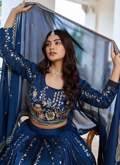 Vichitra Navy Blue Festival Wear Zari Embroidery Work Readymade Lehenga Choli 388469