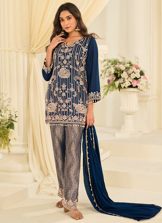 Viscose   Navy Blue Festival Wear Jacquard Readymade Plazzo Suit 390764
