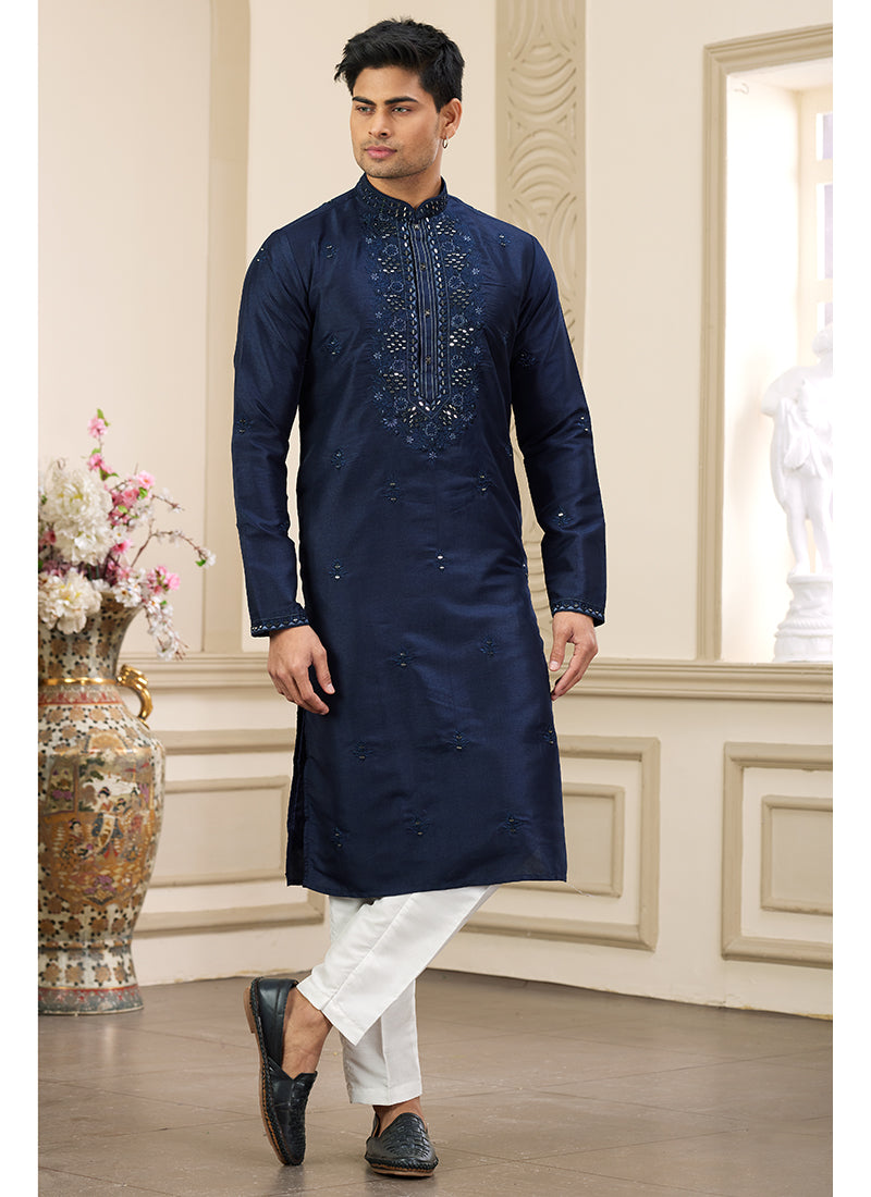 Stylish Navy Blue Banarasi Silk Kurta Pajama with Sequins Work