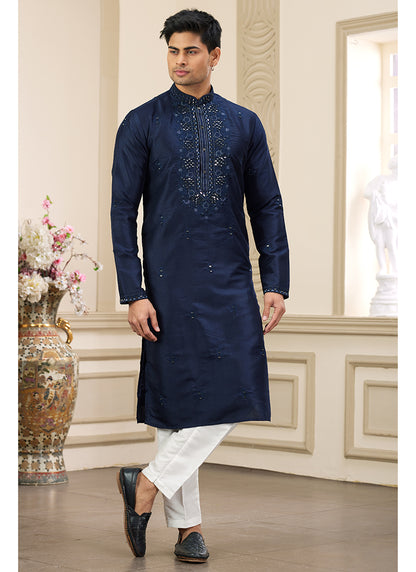 Stylish Navy Blue Banarasi Silk Kurta Pajama with Sequins Work