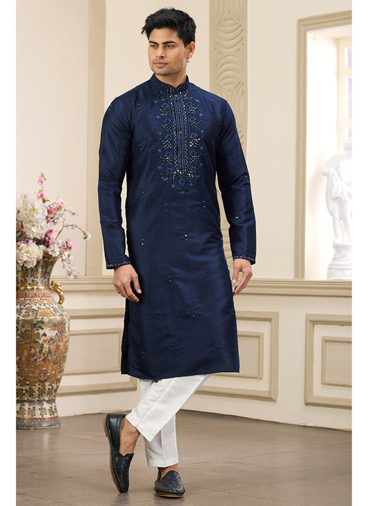Stylish Navy Blue Banarasi Silk Kurta Pajama with Sequins Work