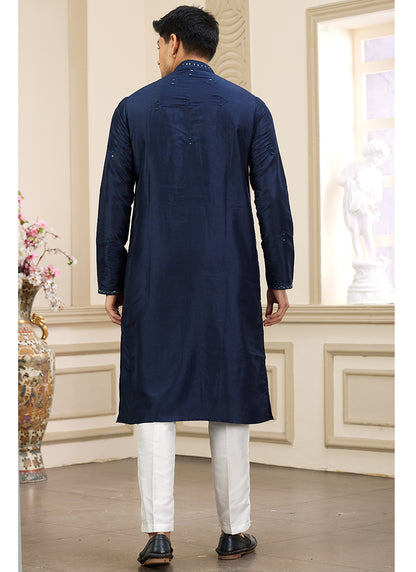 Stylish Navy Blue Banarasi Silk Kurta Pajama with Sequins Work