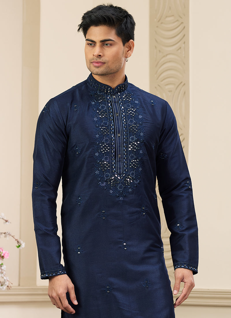 Stylish Navy Blue Banarasi Silk Kurta Pajama with Sequins Work