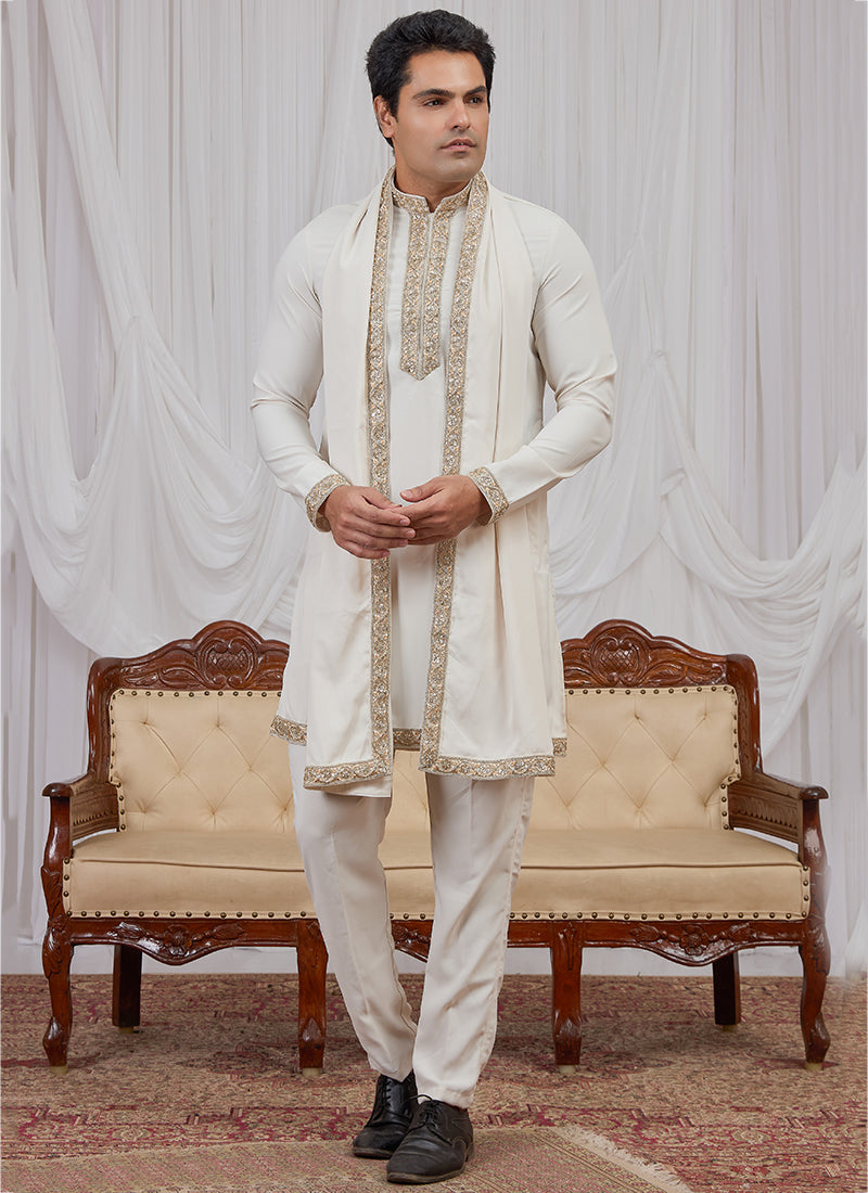 Off White Armani  Hand Work Occasional Wear Readymade Kurta Pajama SW947827