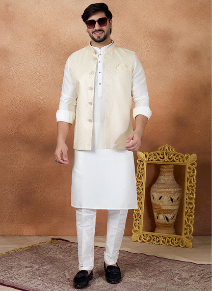 Off White Art Banarasi Silk Pattern Pcs Wedding Wear Readymade Modi Jacket Kurta Pajama SW334859