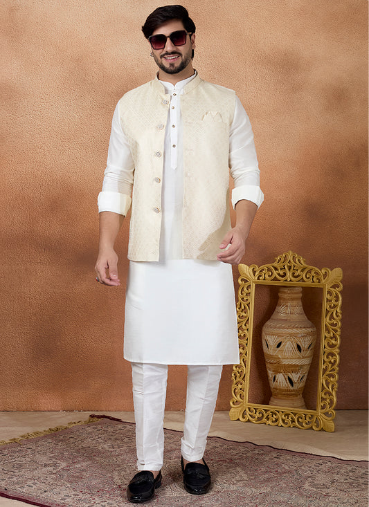 Off White Art Banarasi Silk Pattern Pcs Wedding Wear Readymade Modi Jacket Kurta Pajama SW334859