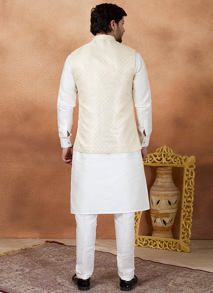 Off White Art Banarasi Silk Pattern Pcs Wedding Wear Readymade Modi Jacket Kurta Pajama SW334859