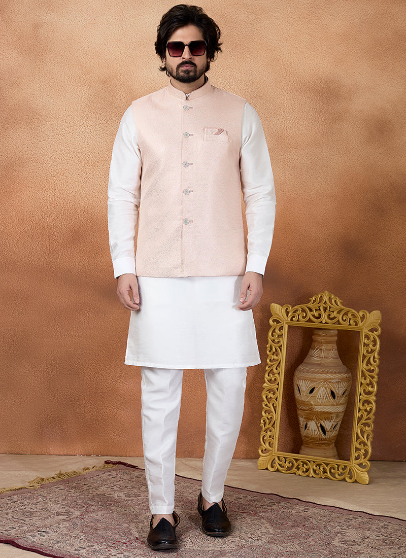 Off White Art Banarasi Silk Pattern Pcs Wedding Wear Readymade Modi Jacket Kurta Pajama SW971429