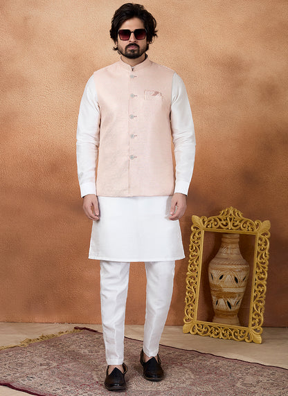 Off White Art Banarasi Silk Pattern Pcs Wedding Wear Readymade Modi Jacket Kurta Pajama SW971429