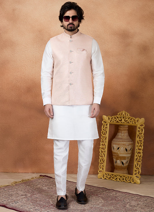Off White Art Banarasi Silk Pattern Pcs Wedding Wear Readymade Modi Jacket Kurta Pajama SW971429