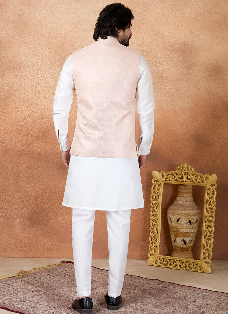 Off White Art Banarasi Silk Pattern Pcs Wedding Wear Readymade Modi Jacket Kurta Pajama SW971429