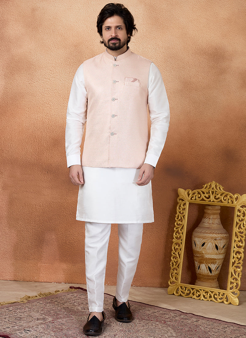 Off White Art Banarasi Silk Pattern Pcs Wedding Wear Readymade Modi Jacket Kurta Pajama SW971429