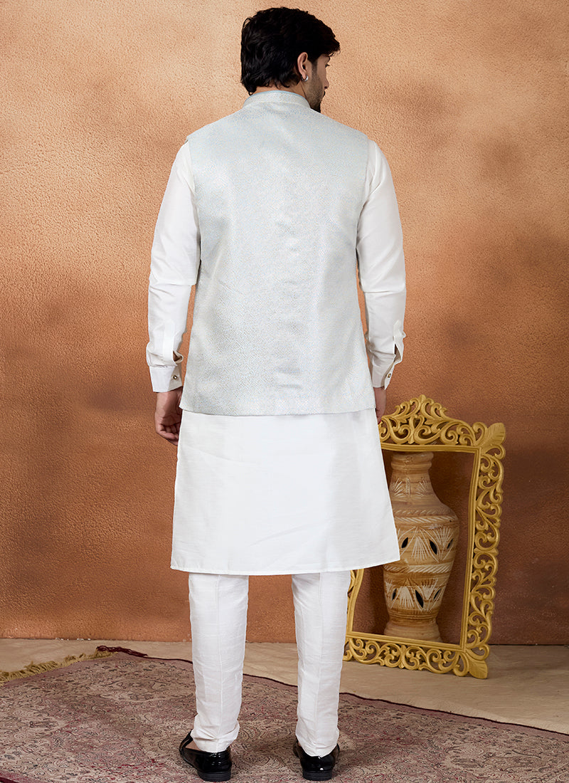 Off White Art Banarasi Silk Pattern Pcs Wedding Wear Readymade Modi Jacket Kurta Pajama SW625943