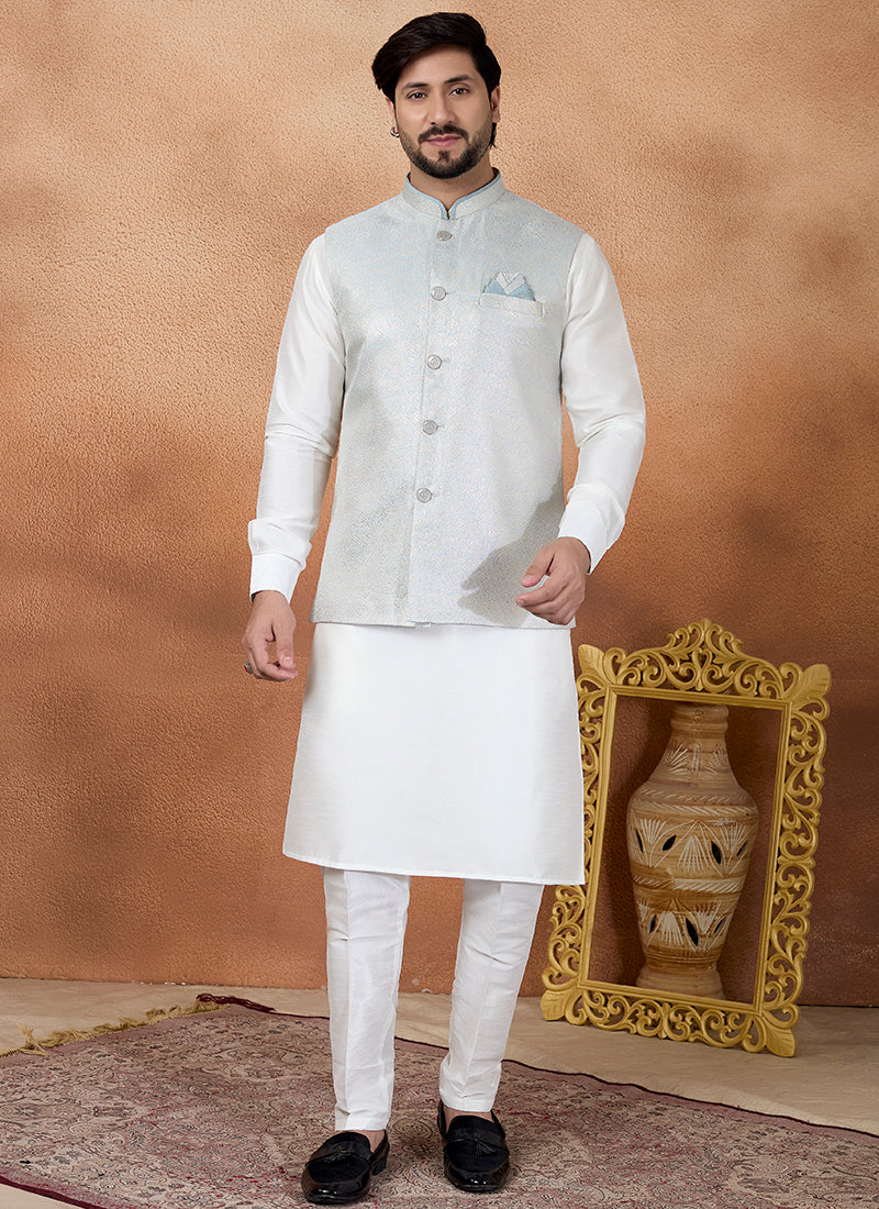 Off White Art Banarasi Silk Pattern Pcs Wedding Wear Readymade Modi Jacket Kurta Pajama SW625943