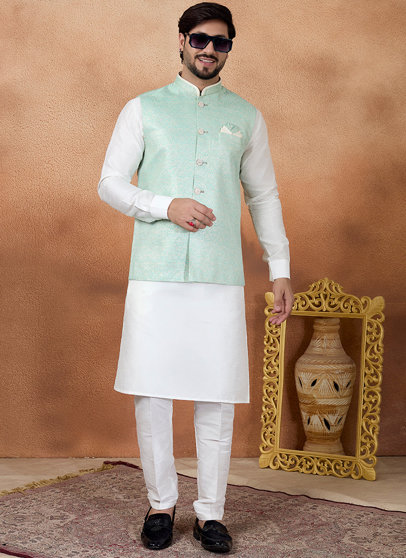 Off White Art Banarasi Silk Pattern Pcs Wedding Wear Readymade Modi Jacket Kurta Pajama SW174074