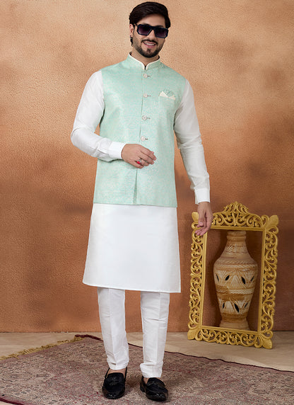 Off White Art Banarasi Silk Pattern Pcs Wedding Wear Readymade Modi Jacket Kurta Pajama SW174074