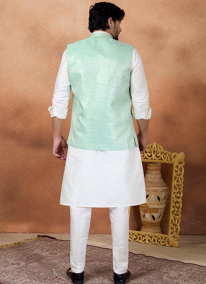 Off White Art Banarasi Silk Pattern Pcs Wedding Wear Readymade Modi Jacket Kurta Pajama SW174074